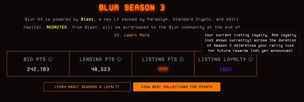 The Blur Season 3 points dashboard, showing bidding, lending and listing points and 100% loyalty.