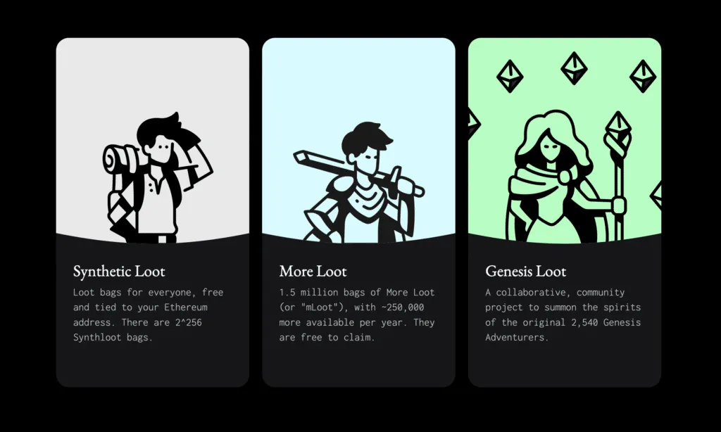 Three illustrated Loot cards labelled Synthetic Loot, More Loot and Genesis Loot.