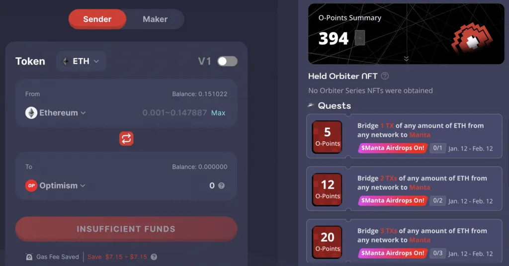 The Orbiter bridge interface with a points summary and reward missions.