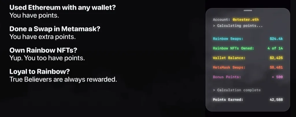 Rainbow wallet rewards eligibility and a breakdown of points.
