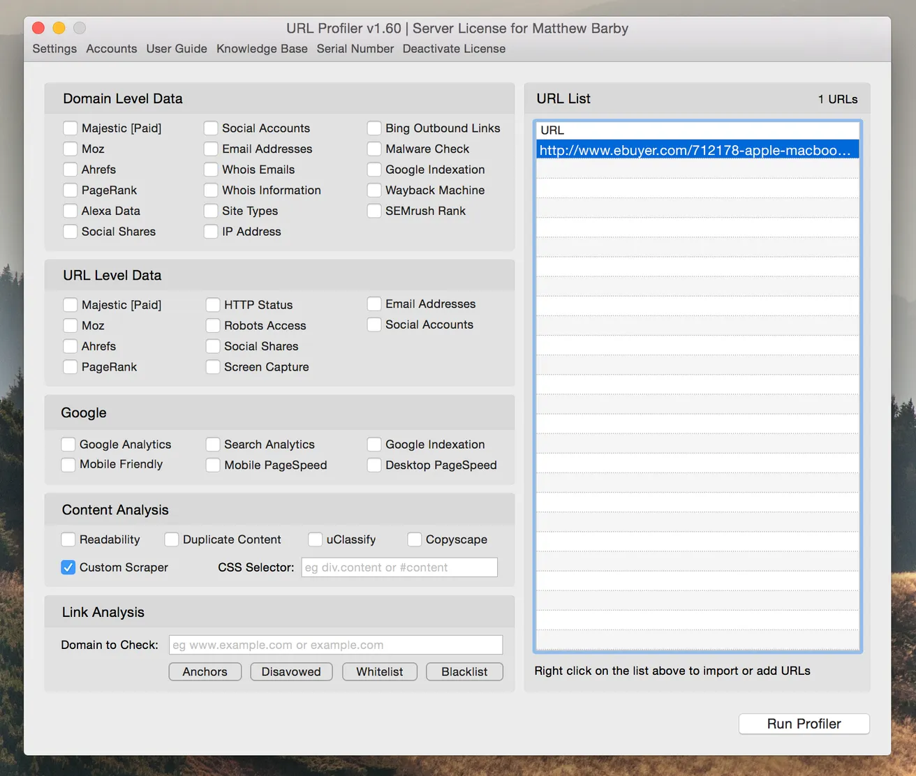 add a URL to URL Profiler