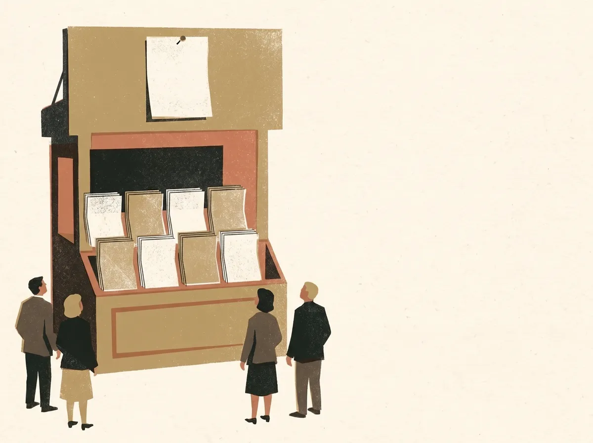A street newsstand with rows of blank papers and a single sheet pinned at the top, four people seen from behind looking up at it.