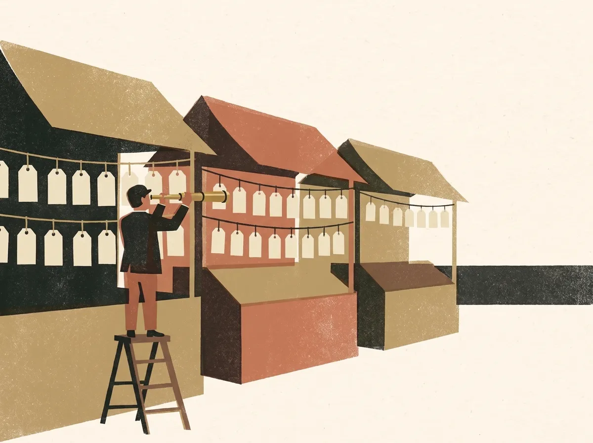A figure on a stepladder studying a row of market stalls through a spyglass, each stall hung with blank price tags.