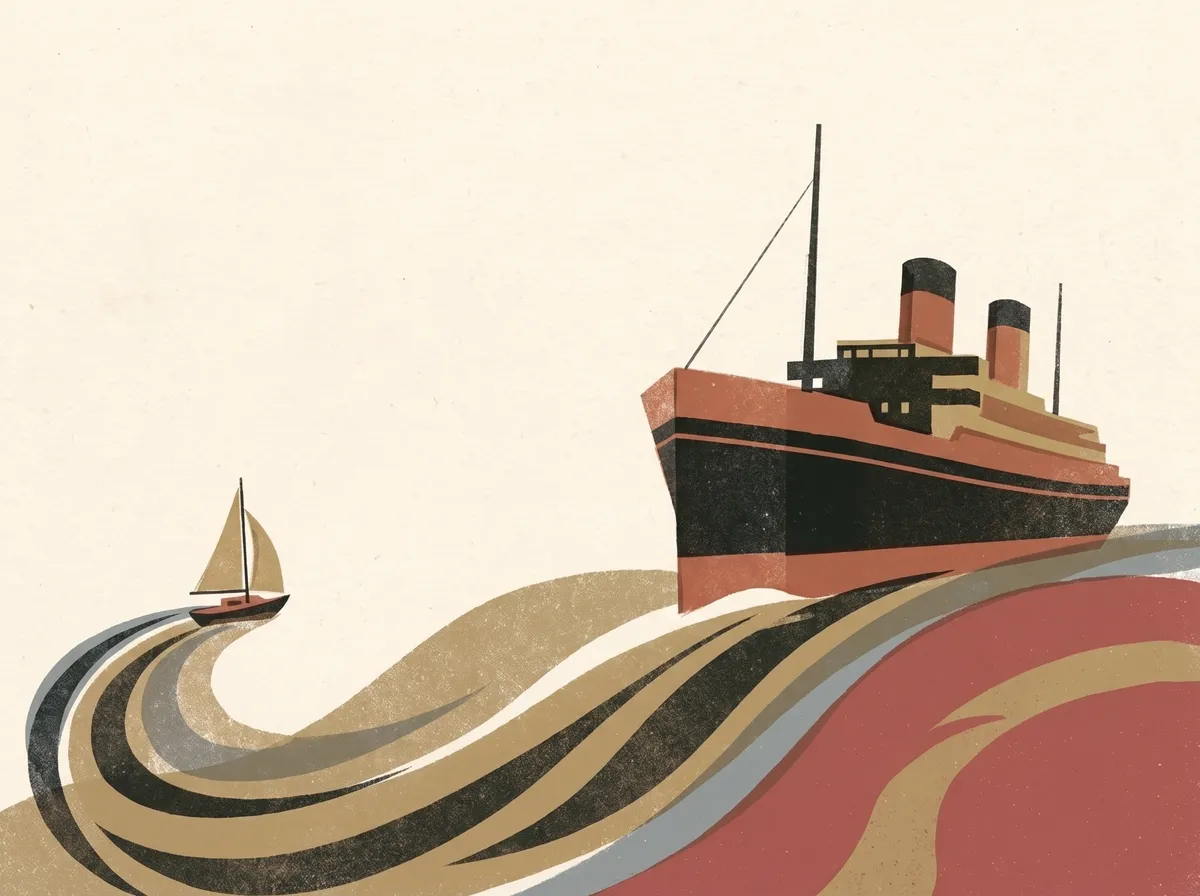 A small sailing boat following in the long curling wake of a large steamship.