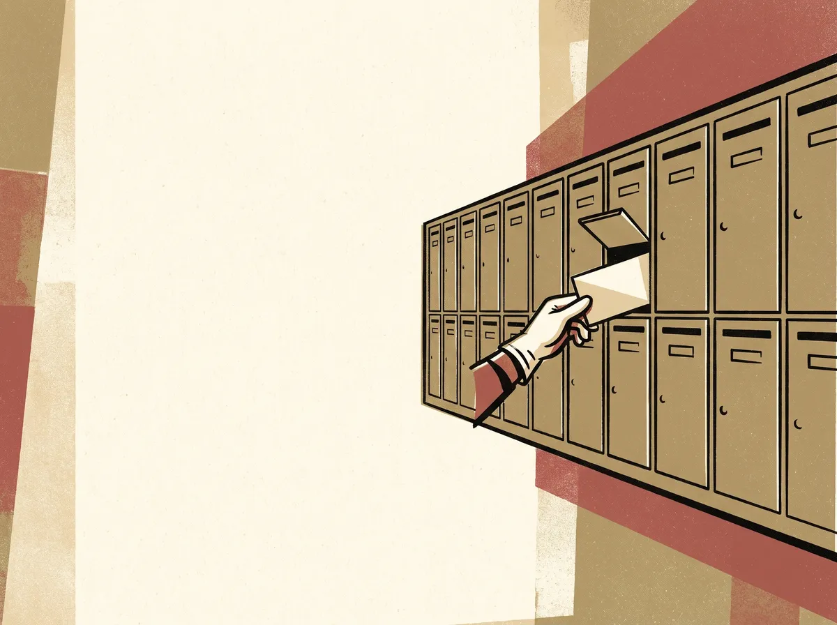 A gloved hand slipping a letter into one open box in a long wall of identical letterboxes.