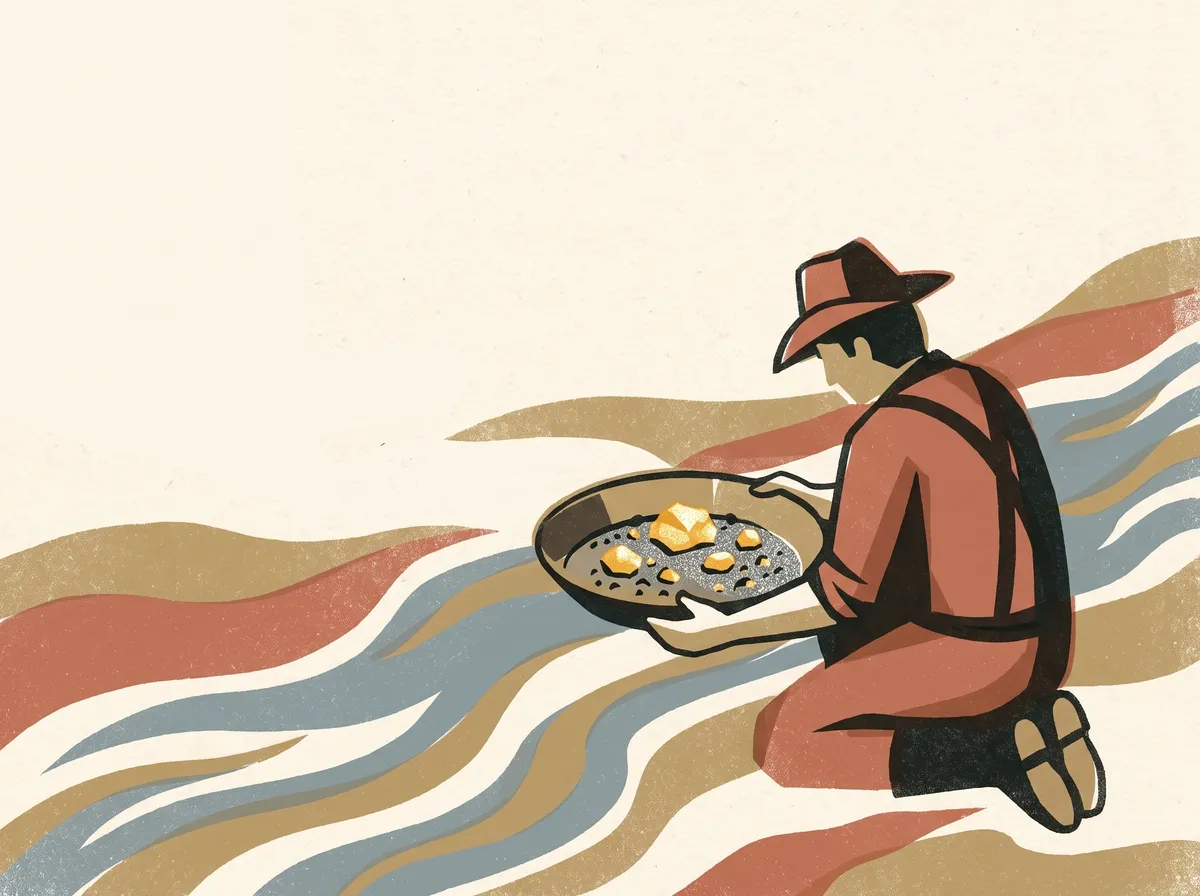 A prospector in a wide-brimmed hat, seen from behind, kneeling at a stream with a pan holding a few gold nuggets among the gravel.