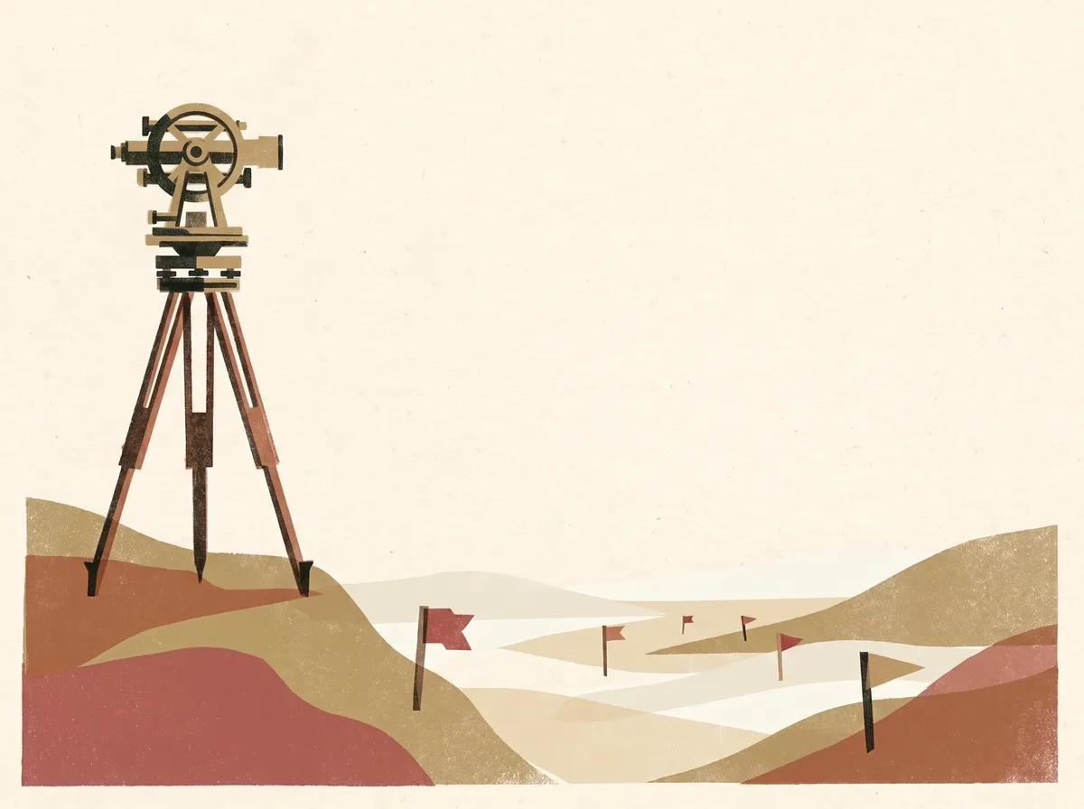 A surveyor's instrument on a tripod on a hilltop, looking out over a valley dotted with small flags on stakes.