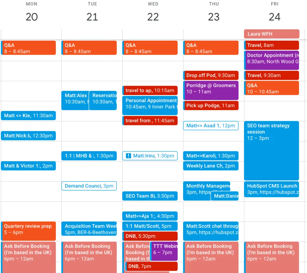 A weekly calendar filled with colour-coded meetings and personal appointments.