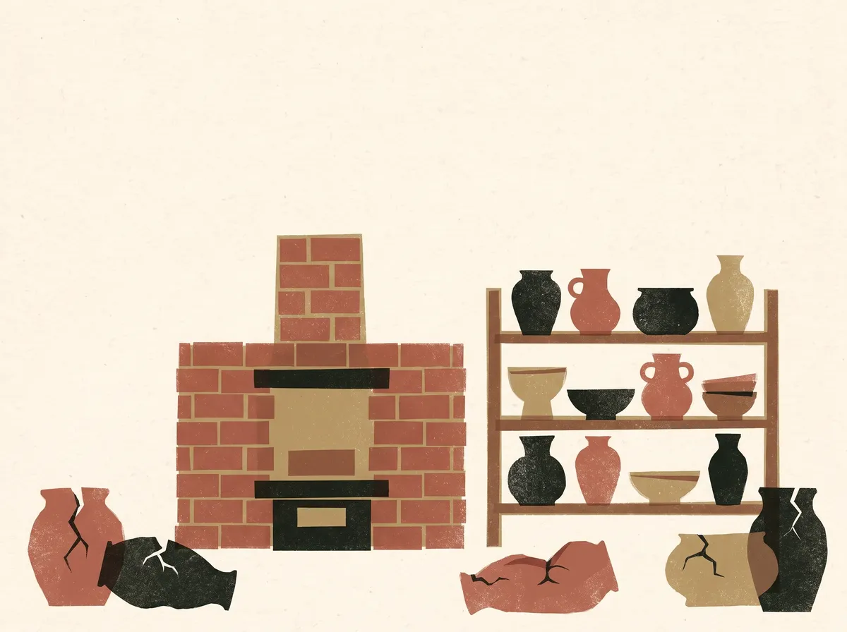 A brick kiln beside a shelf of finished pots, with several cracked and broken pots lying on the ground around them.