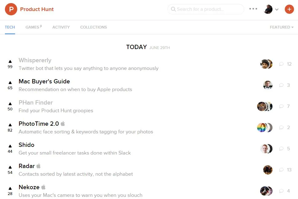 Product Hunt Front Page