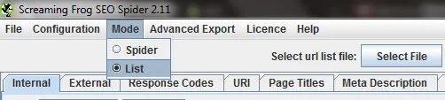 Setting Screaming Frog to List Mode