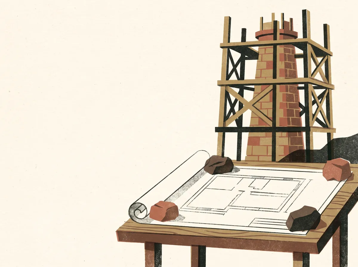 An unrolled blueprint held down by stones on a drafting table, with a stone tower rising inside timber scaffolding behind it.