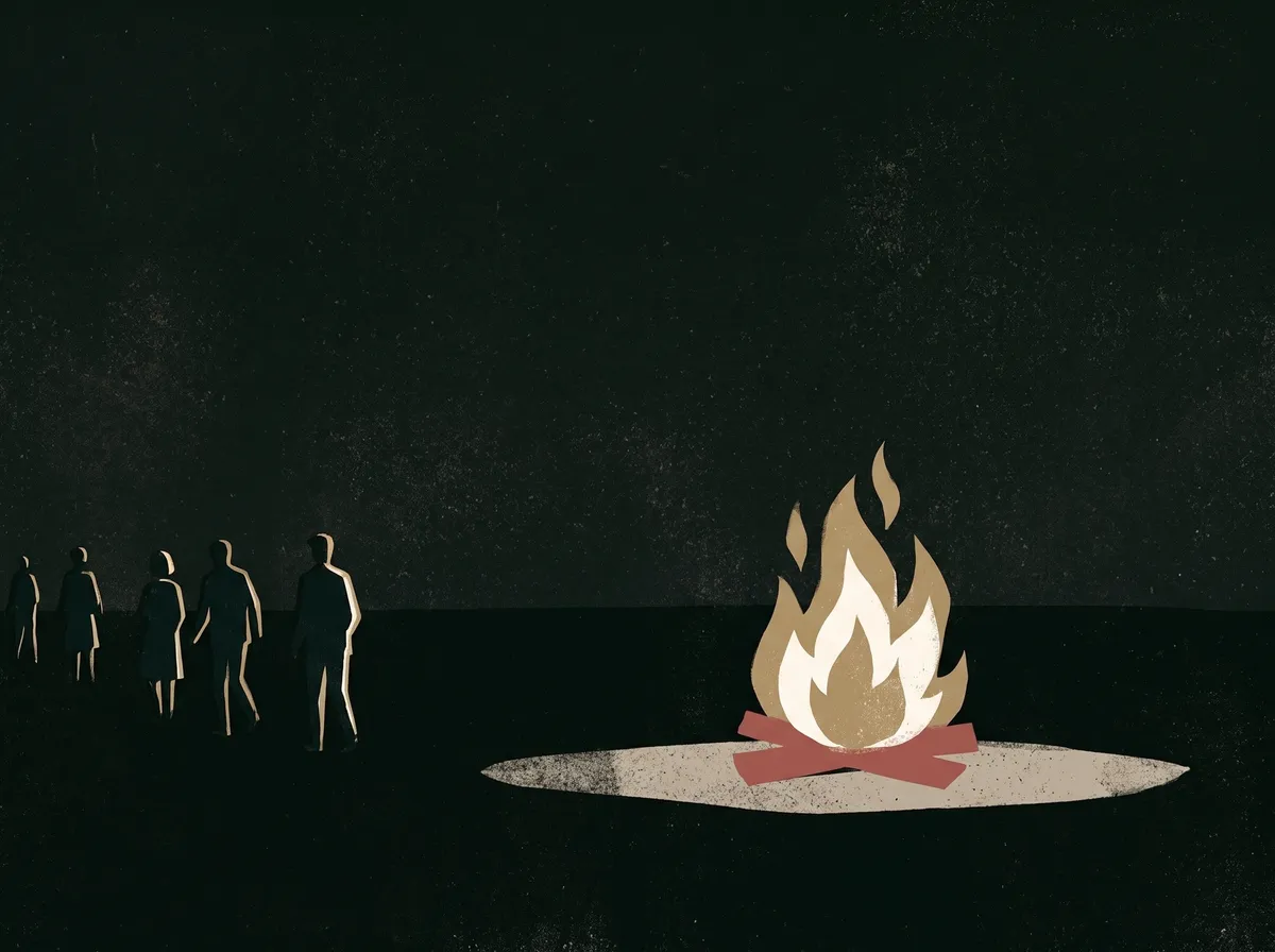 A single campfire burning on a dark empty plain at night, with five people walking toward it in a line.