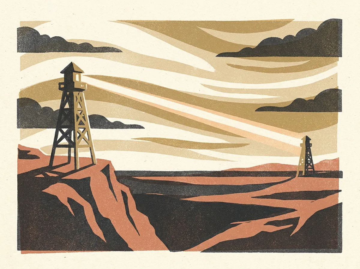 Two distant signal towers exchanging a single beam of light across a wide valley at dusk.