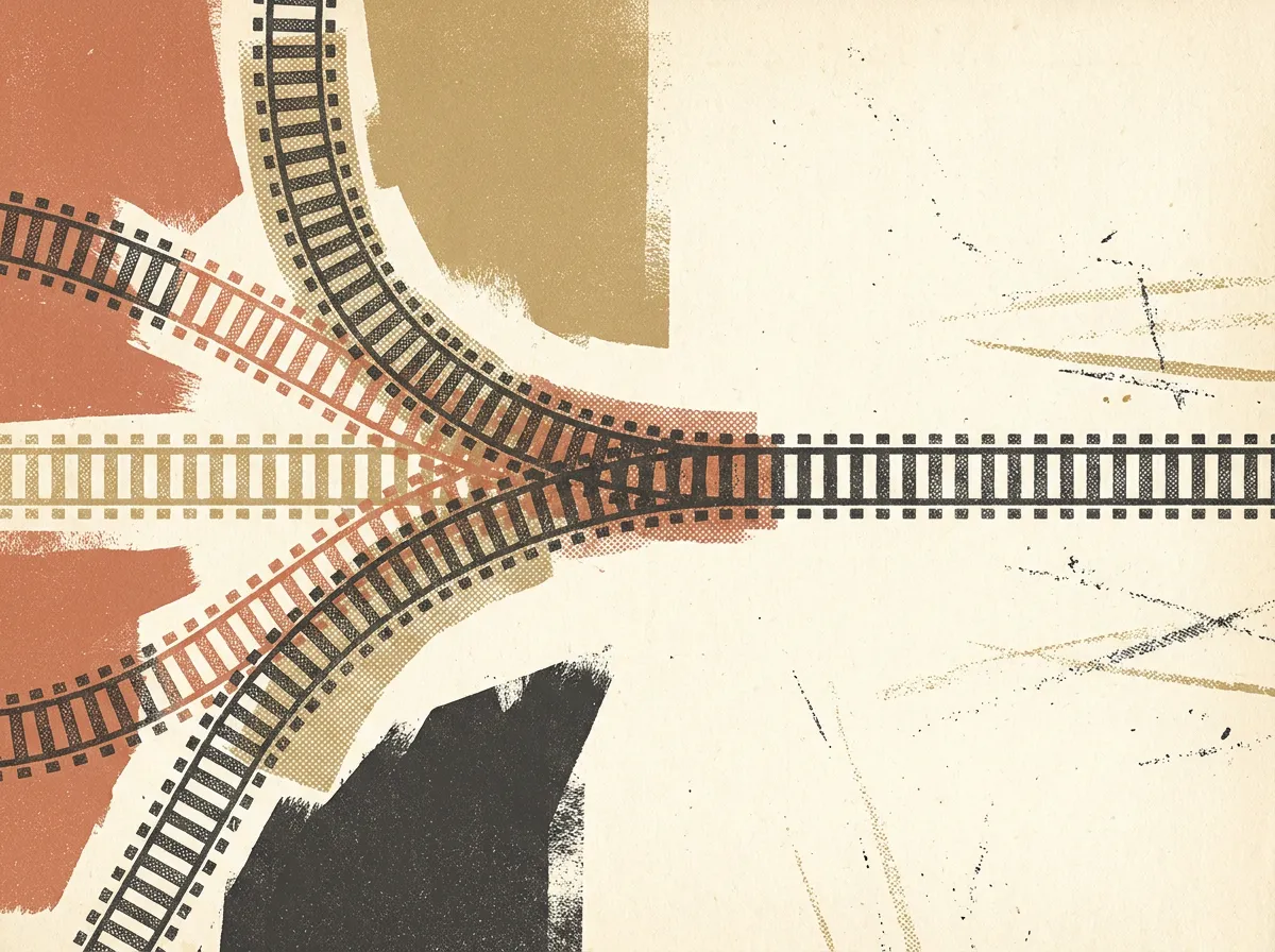 Railway tracks from three separate networks converging through a junction into one continuous line.