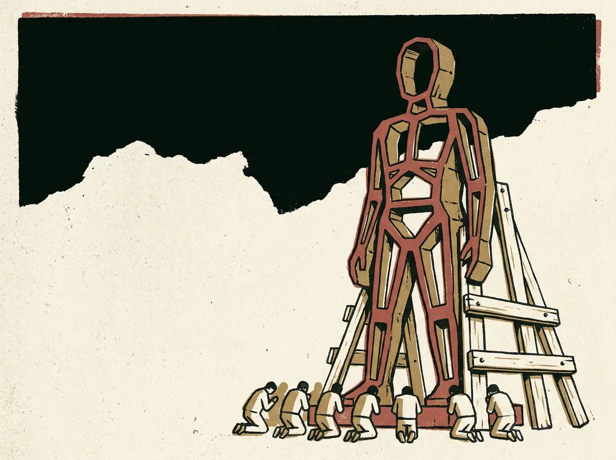 A towering hollow effigy held up from behind by wooden scaffolding, small figures kneeling at its base.