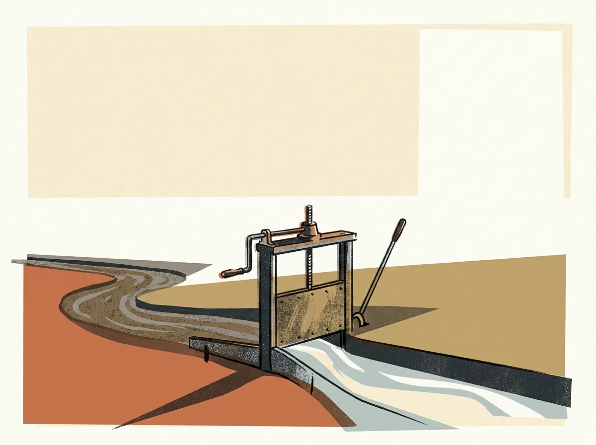 A hand-cranked sluice gate turning a stream out of a silted channel into a clear one.