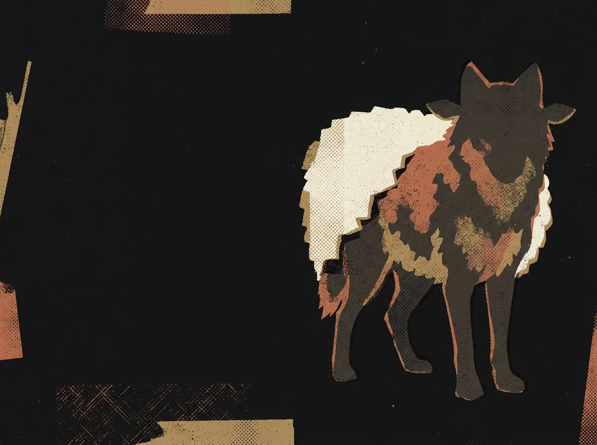 A wolf draped in a sheep's fleece, the fleece slipping off one shoulder.