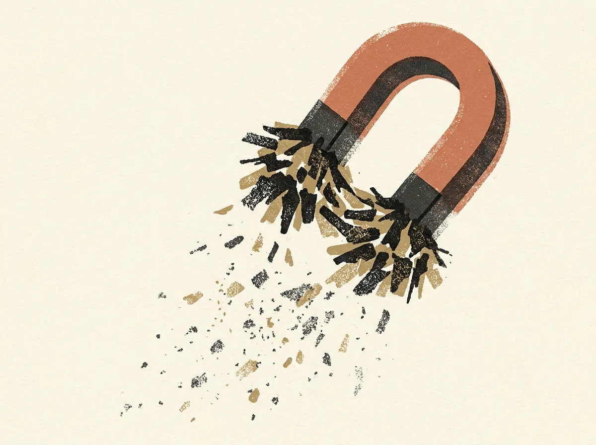 A horseshoe magnet lifting a dense cluster of iron filings while loose filings fall away beneath.
