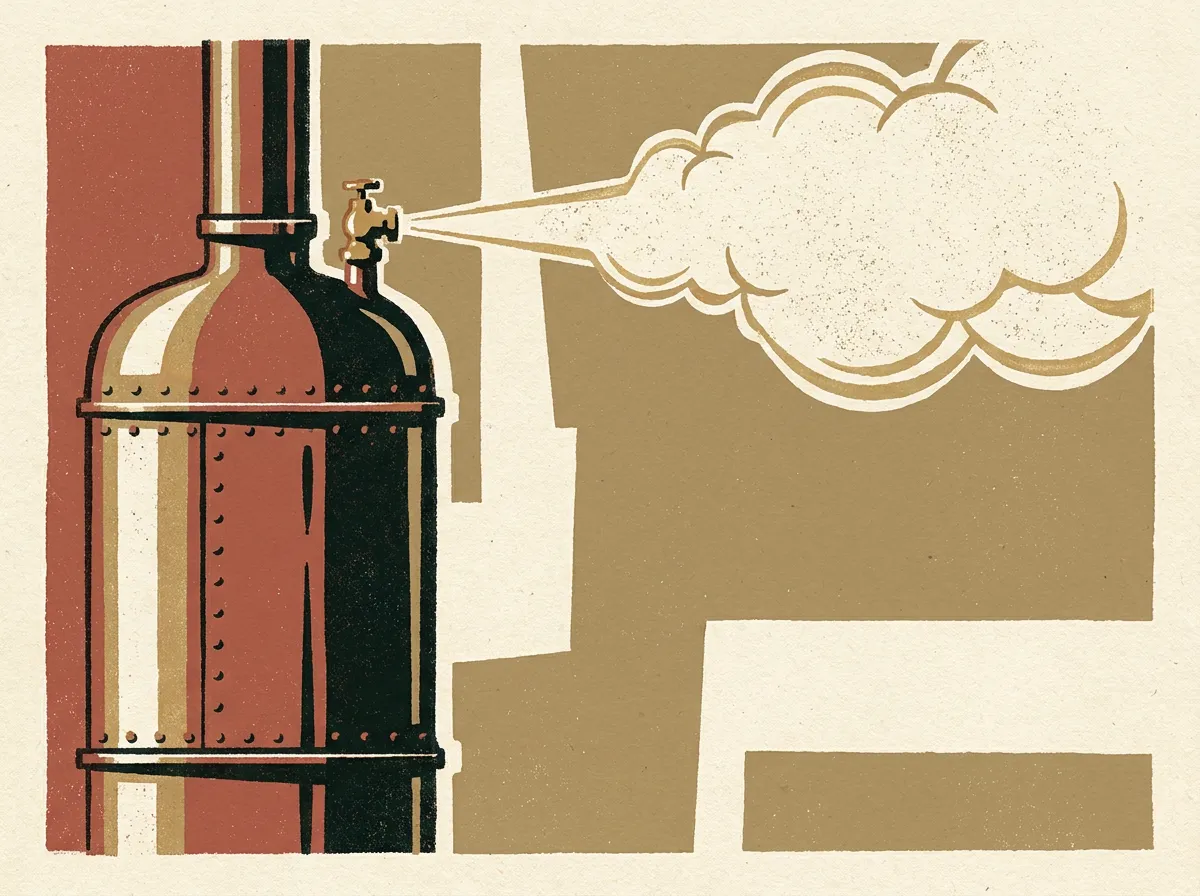 A riveted pressure vessel venting one plume of steam through a small safety valve.
