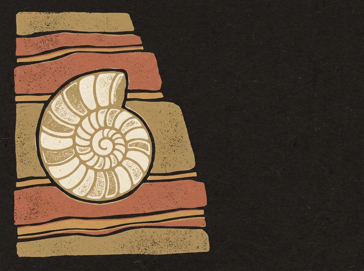 A pale spiral ammonite fossil set into layered rock, thin gold lines running through the strata.