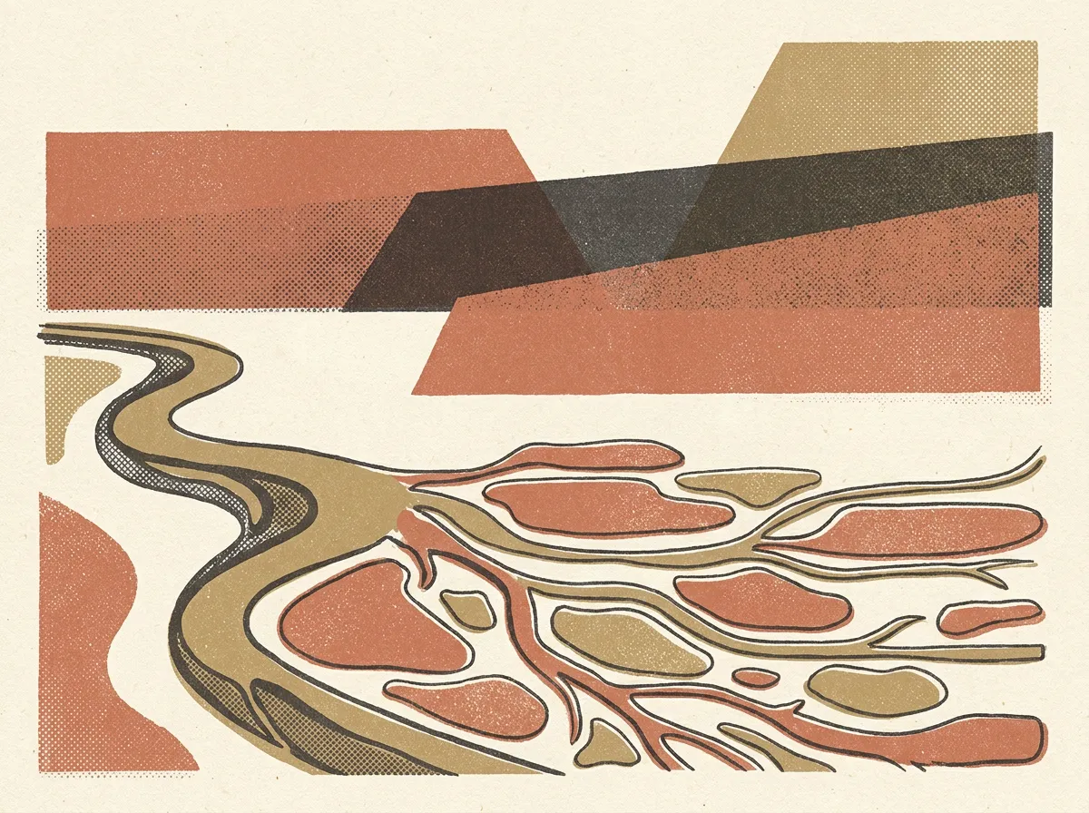 A single river fanning out into a broad delta of many small pools.