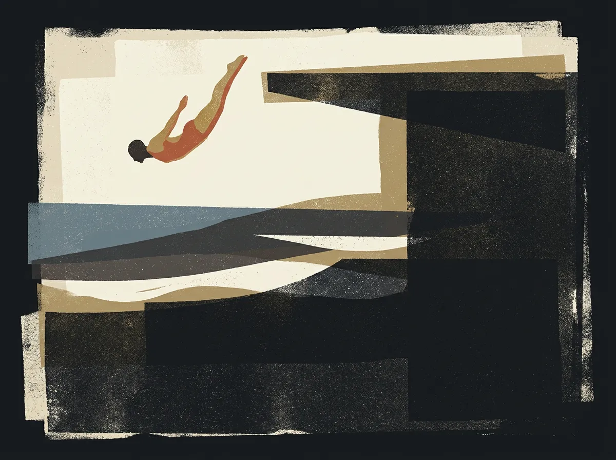 A lone diver mid-air between a high platform and the open water below.
