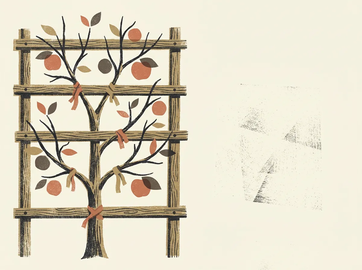 A young fruit tree trained flat against a wall frame, each branch tied off at a rung.