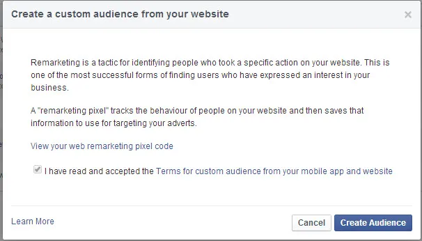 Accept Facebook's terms and conditions and then press Create Audience