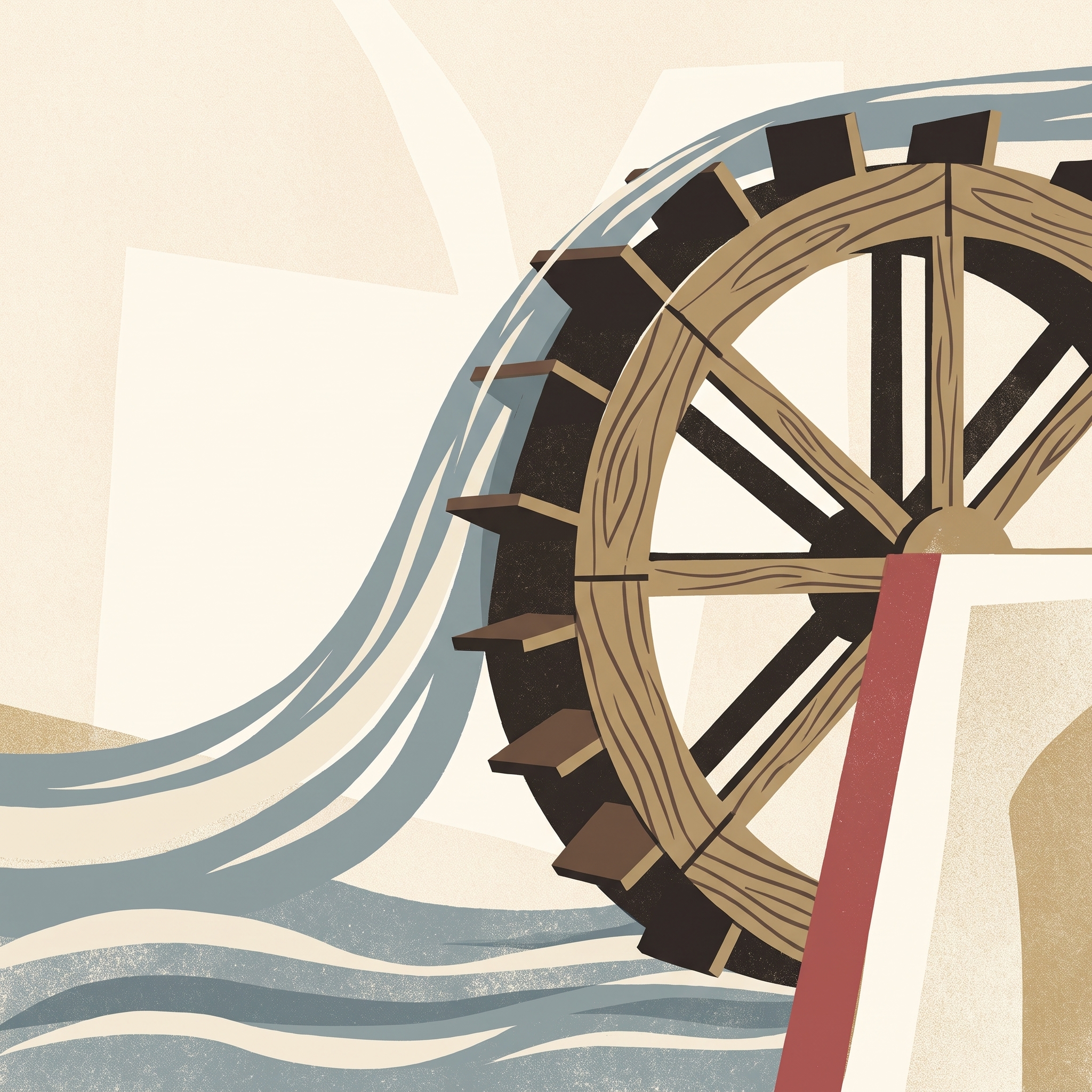 A mill waterwheel turned by a running current