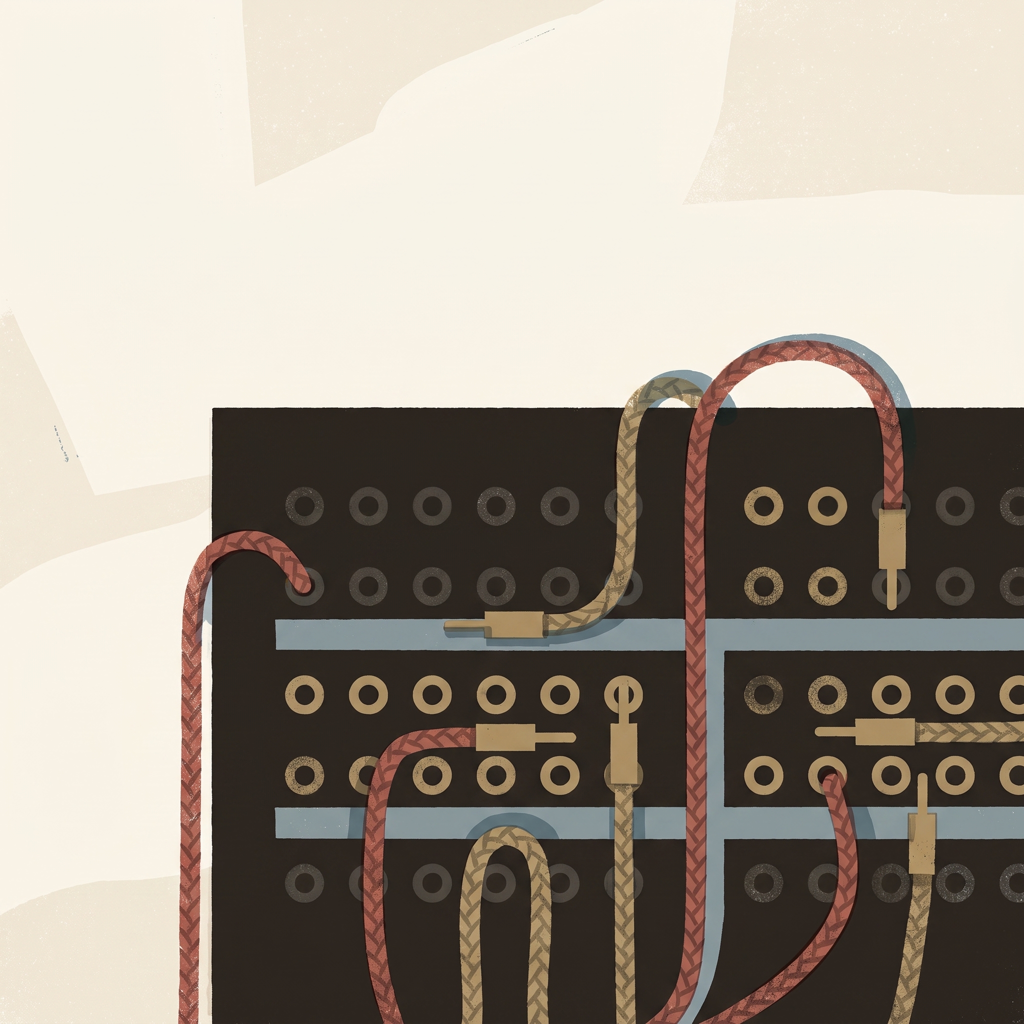 A telephone switchboard with patch cords plugged between its jacks