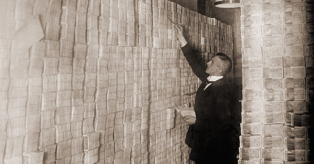 Piles of German money in a Berlin bank during the post-World War I hyperinflation.